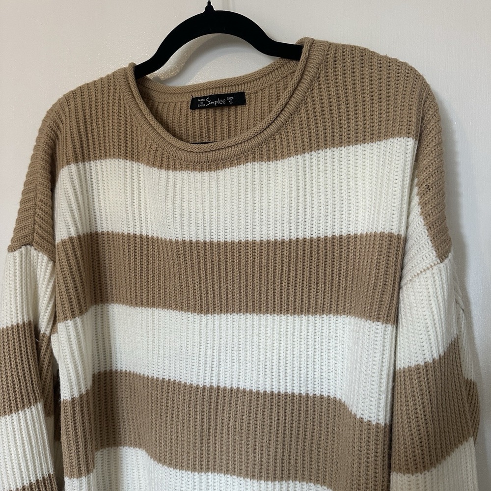 Simplee Chunky Knit‎ Sweater Stripes Beige White Gilmore Girl Soft Knit Pullover